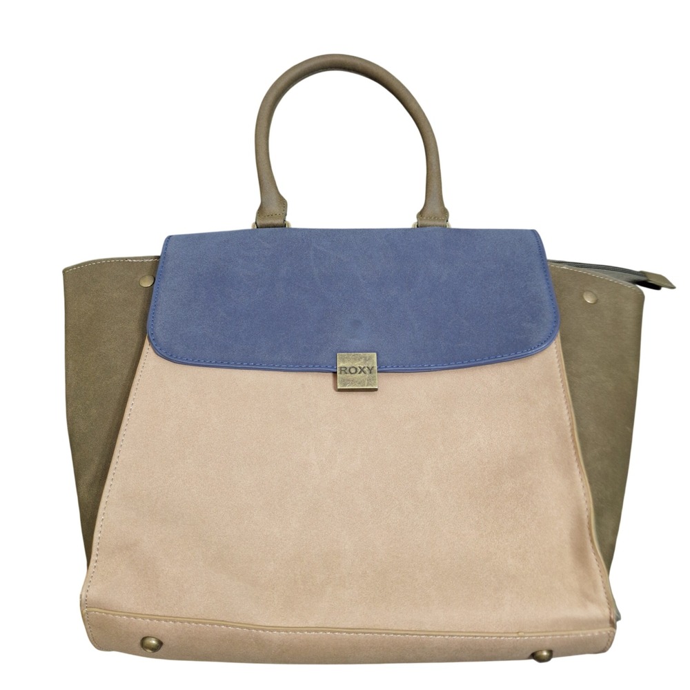 Roxy Colorblock Faux Suede Tote Bag Tan Blue Olive Green Zipper Satchel Handbag